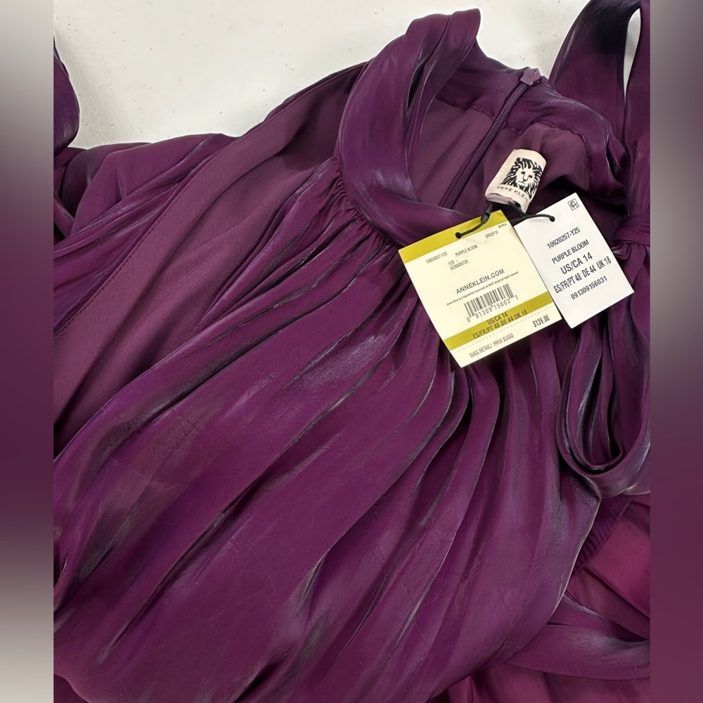 Anne Klein Iridescent Tiered Shift Dress Bow Tie Neck Party Cocktail Purple Bloo - Picture 12 of 15
